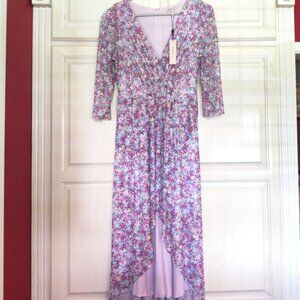 BCBGeneration 3/4 Sleeve, Faux Wrap, High Low Dress in Pink Floral, Sz 14, NWT